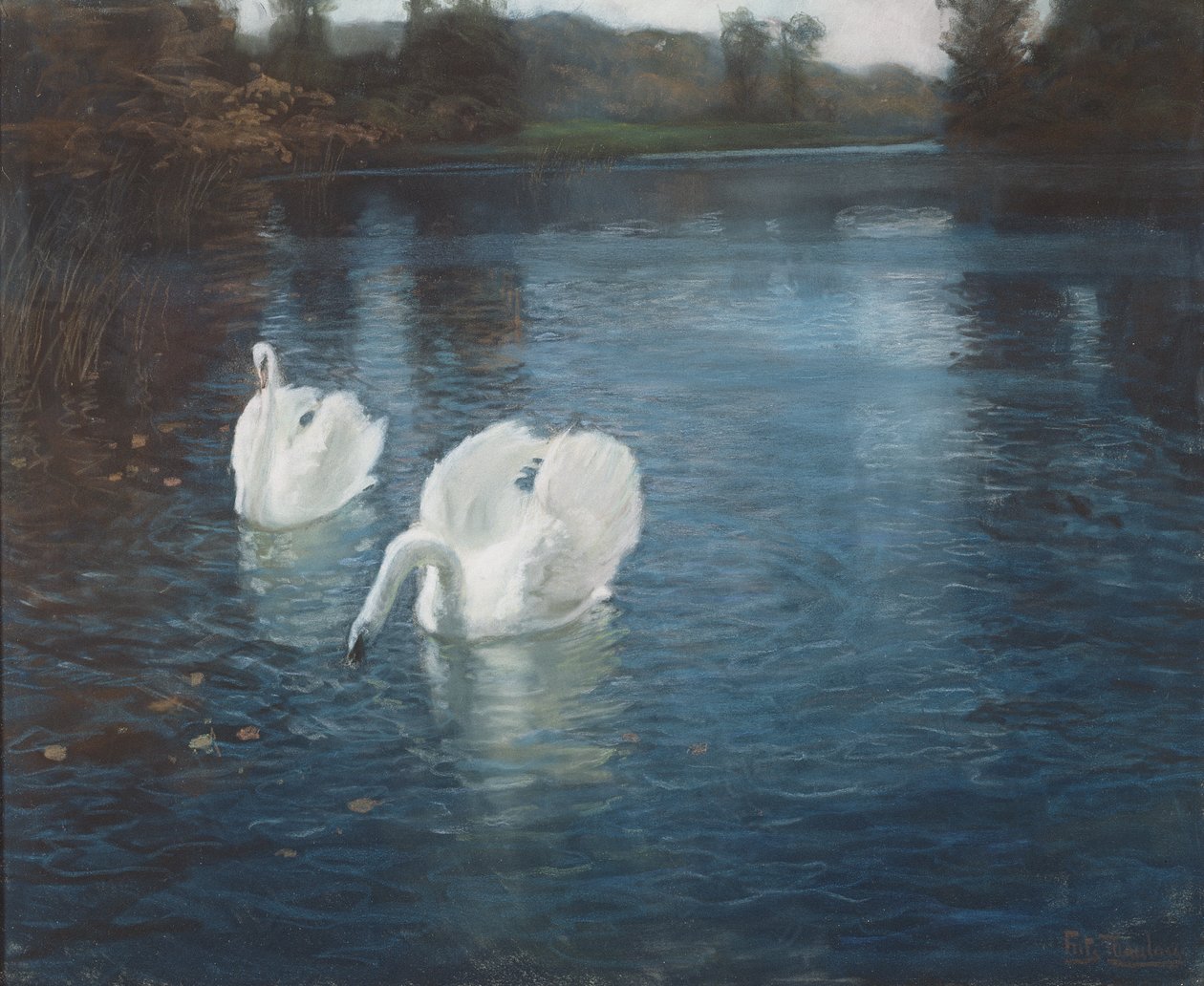 Łabędzie na rzece, ok. 1880 (kreda na papierze) autorstwa Frits Thaulow