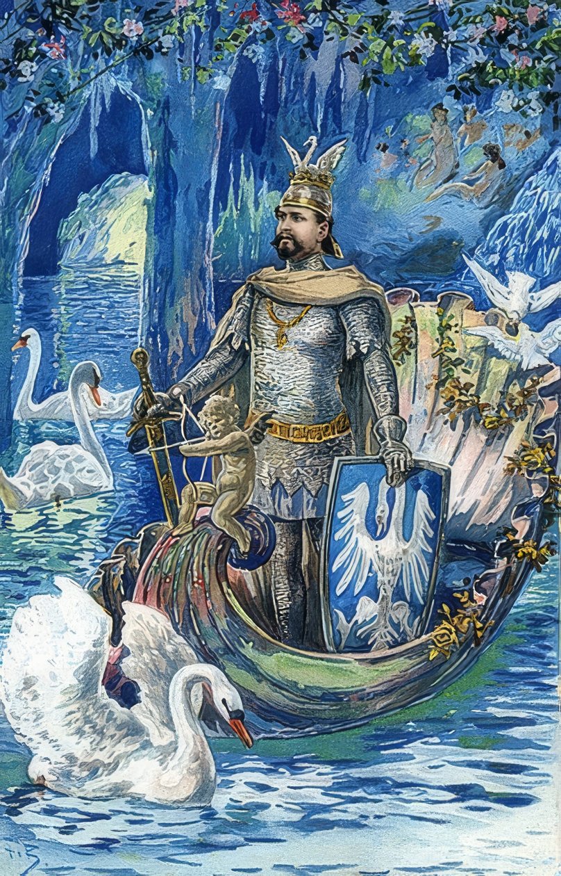 Król Ludwik II jako Lohengrin w Błękitnej Grocie w pałacu Linderhof. Około 1900 r. autorstwa Fritz Bergen