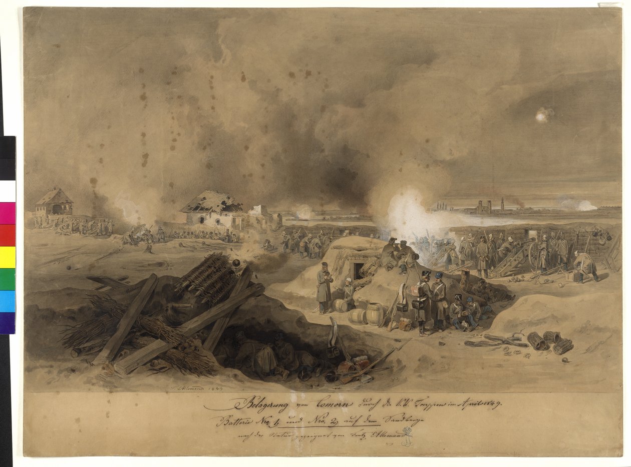 Oblężenie Komornu przez wojska k. k. w kwietniu 1849 r. (akwarela na papierze) autorstwa Fritz L
