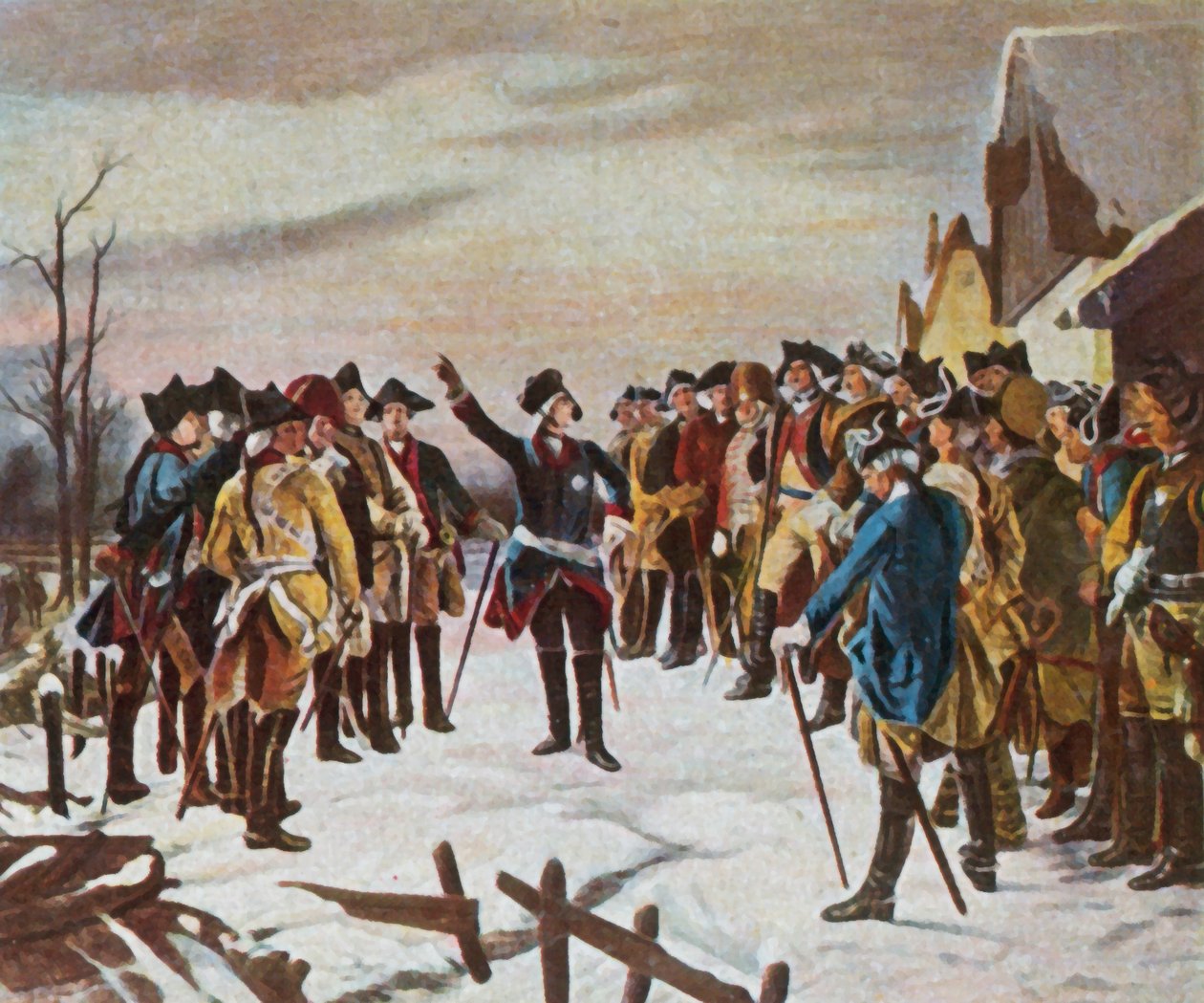 Przemówienie Fryderyka Wielkiego do swoich generałów w wieczór poprzedzający bitwę pod Leuthen, 5 grudnia 1757 r. (powiększona kolorowa litografia) autorstwa Fritz Roeber