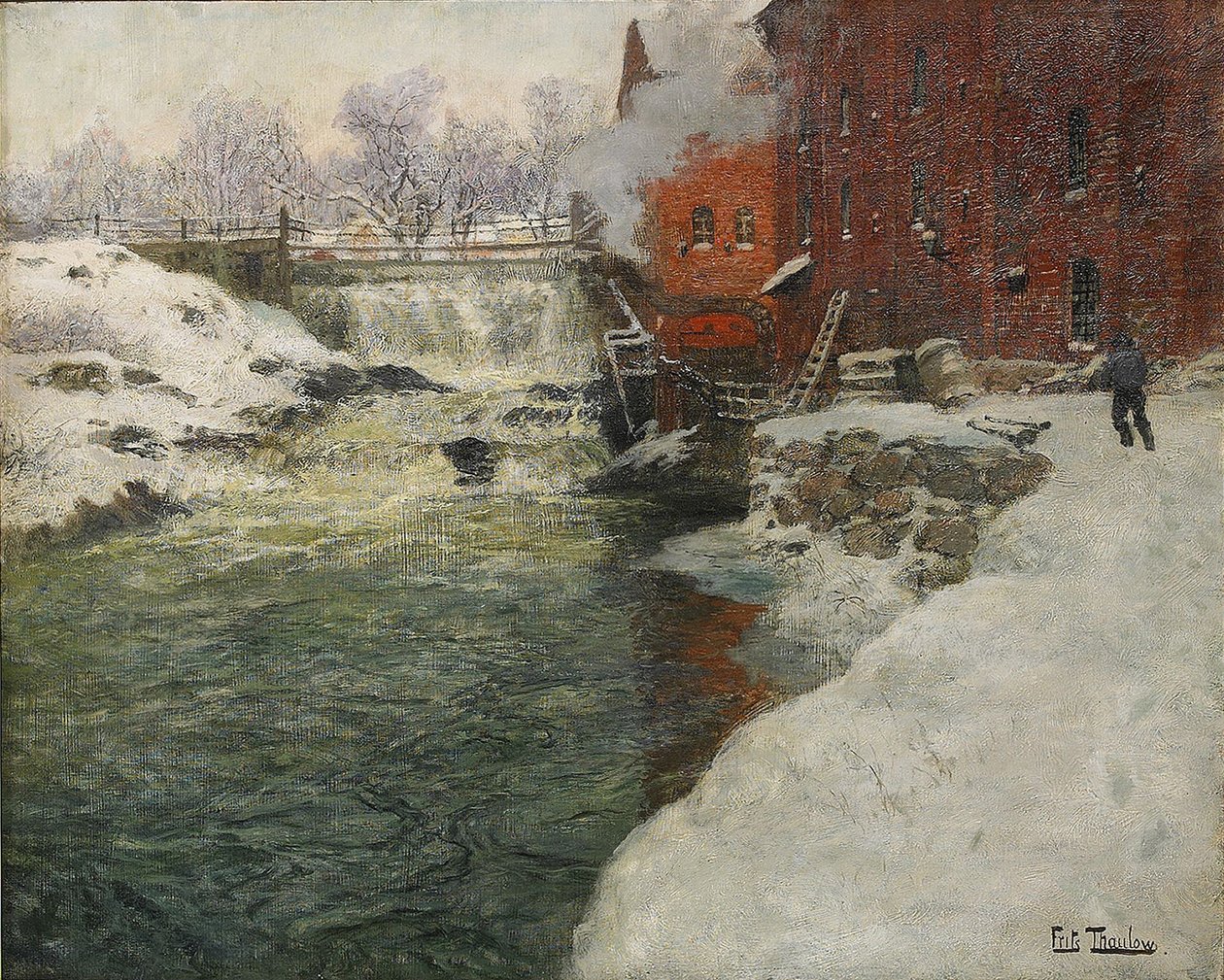 Fabryka płótna nad rzeką Aker Kristiania, ok. 1900 r. 1890 autorstwa Fritz Thaulov
