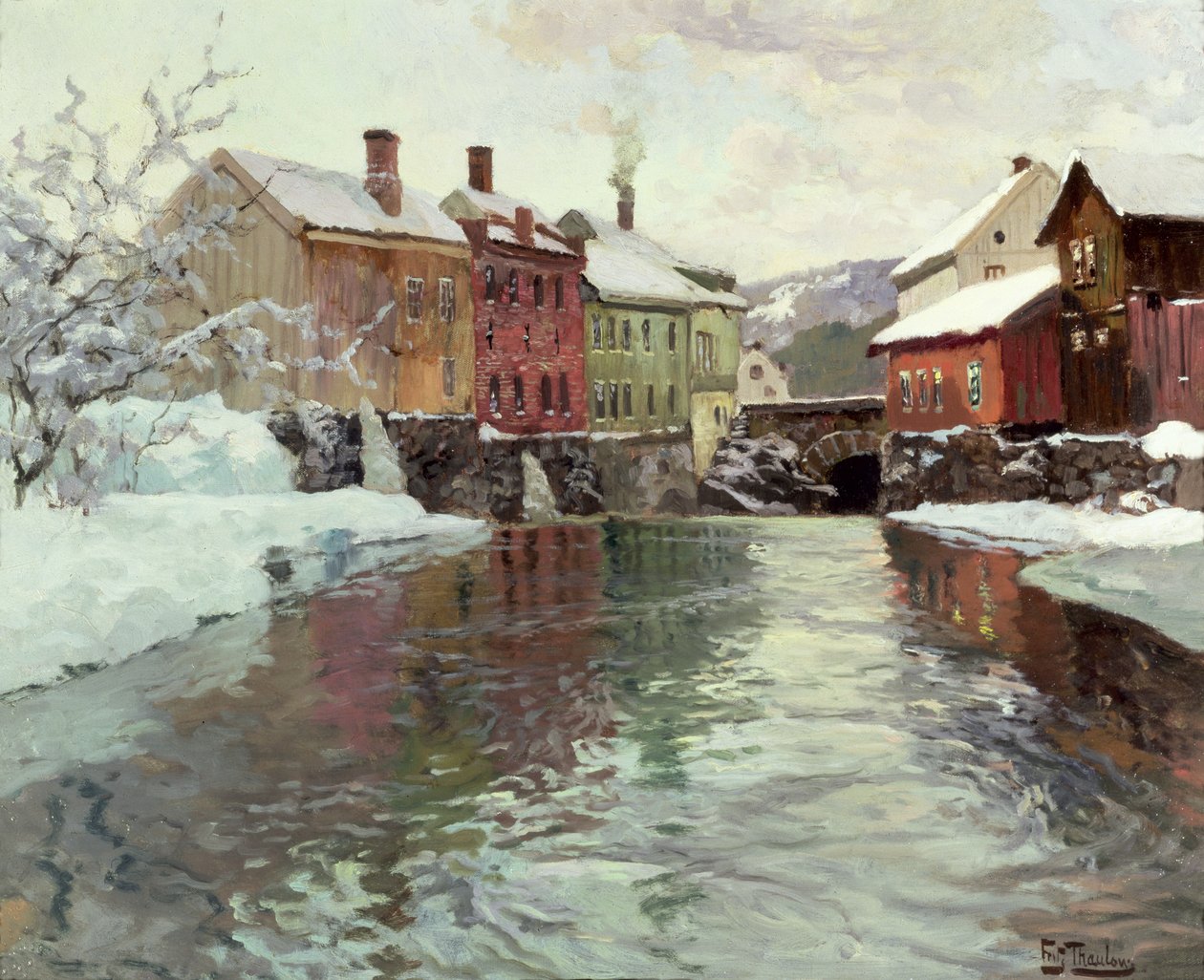 Ośnieżone budynki nad rzeką autorstwa Frits Thaulow