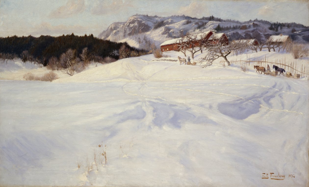 Śnieżna scena z saniami, Fleskum autorstwa Fritz Thaulow