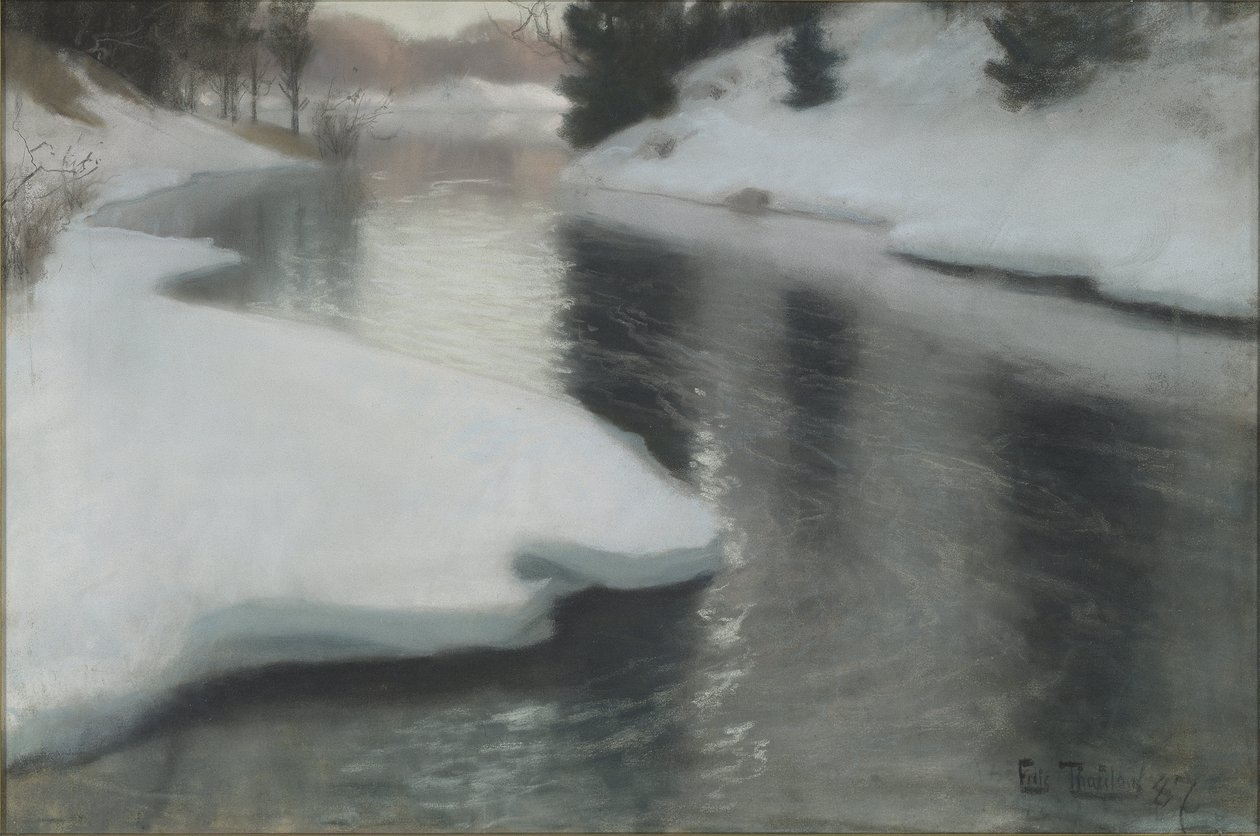 Wiosenna odwilż, autorstwa Thaulova, Fritza (1847-1906). Pastel na płótnie autorstwa Frits Thaulow