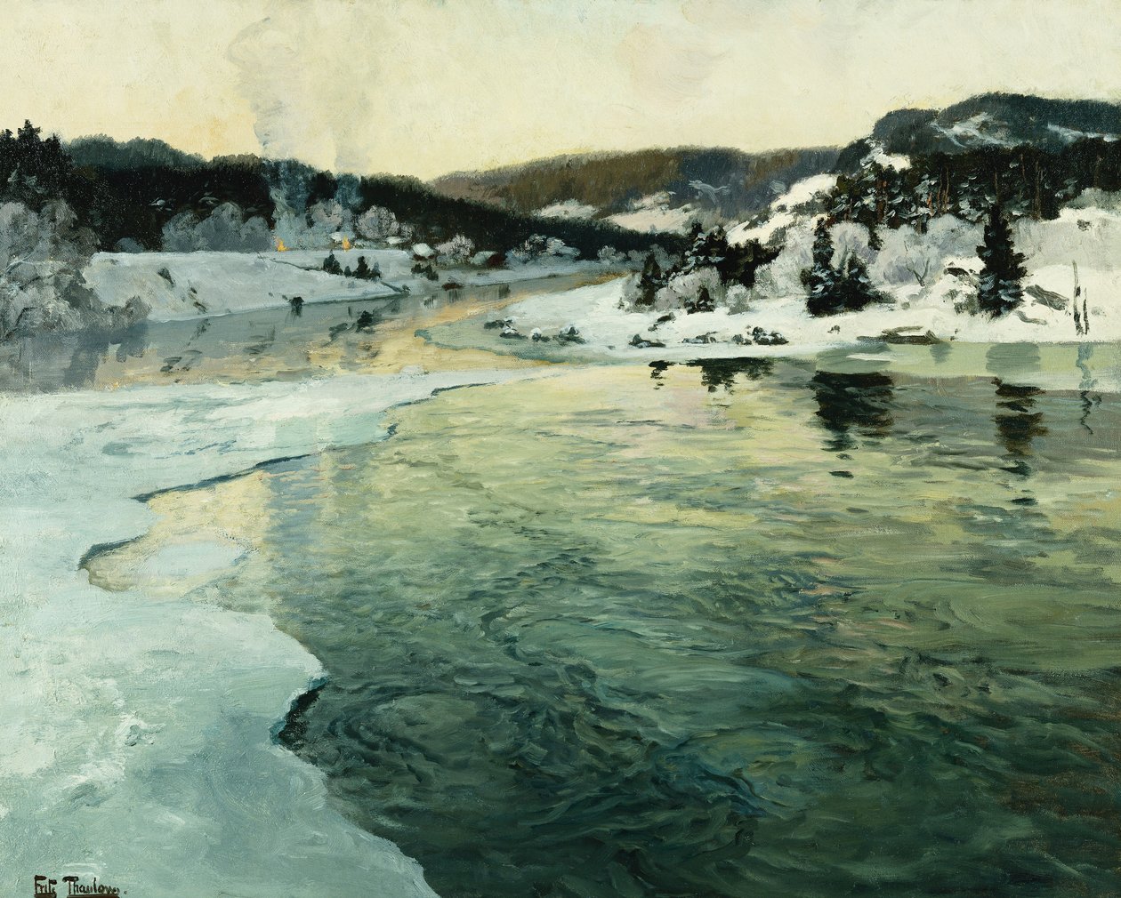 Zima na rzece Mesna w pobliżu Lillehammer, ok. godz. 1905-06 autorstwa Frits Thaulow
