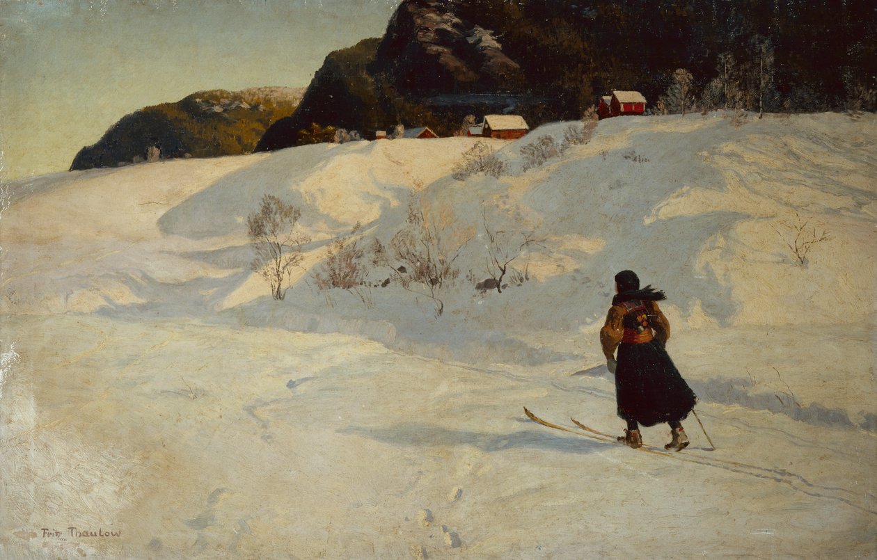 Zimowa scena z narciarzem autorstwa Fritz Thaulow