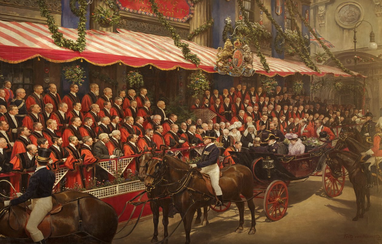 Król Edward VII Nadanie Honoru Rycerskiego radnemu Edwardowi B. Jamesowi w Council House, 9 lipca 1908 autorstwa Fritz von Kamptz