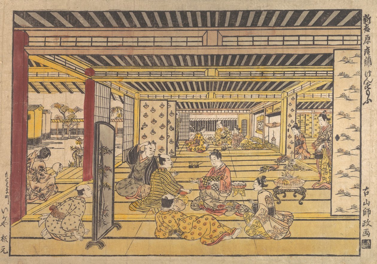 Gra w ręczne sumo w New Yoshiwara, ca. 1740. autorstwa Furuyama Moromasa