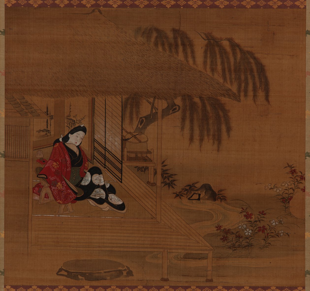 Ogród, wnętrze i siedząca dziewczyna, okres Edo, 1615-1868. autorstwa Furuyama Moroshige
