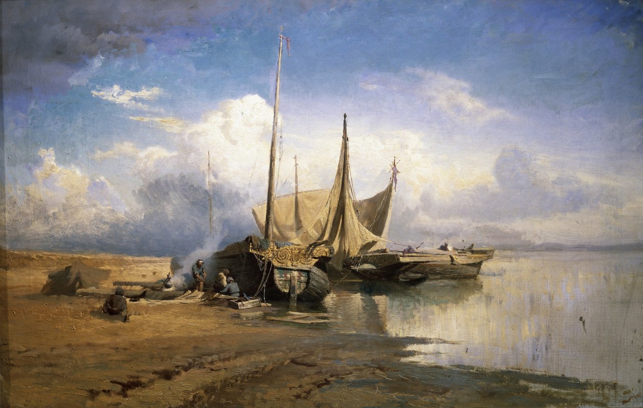 Widok na Wołgę. Łodzie, 1870 autorstwa Fyodor Alexandrovich Vasilyev