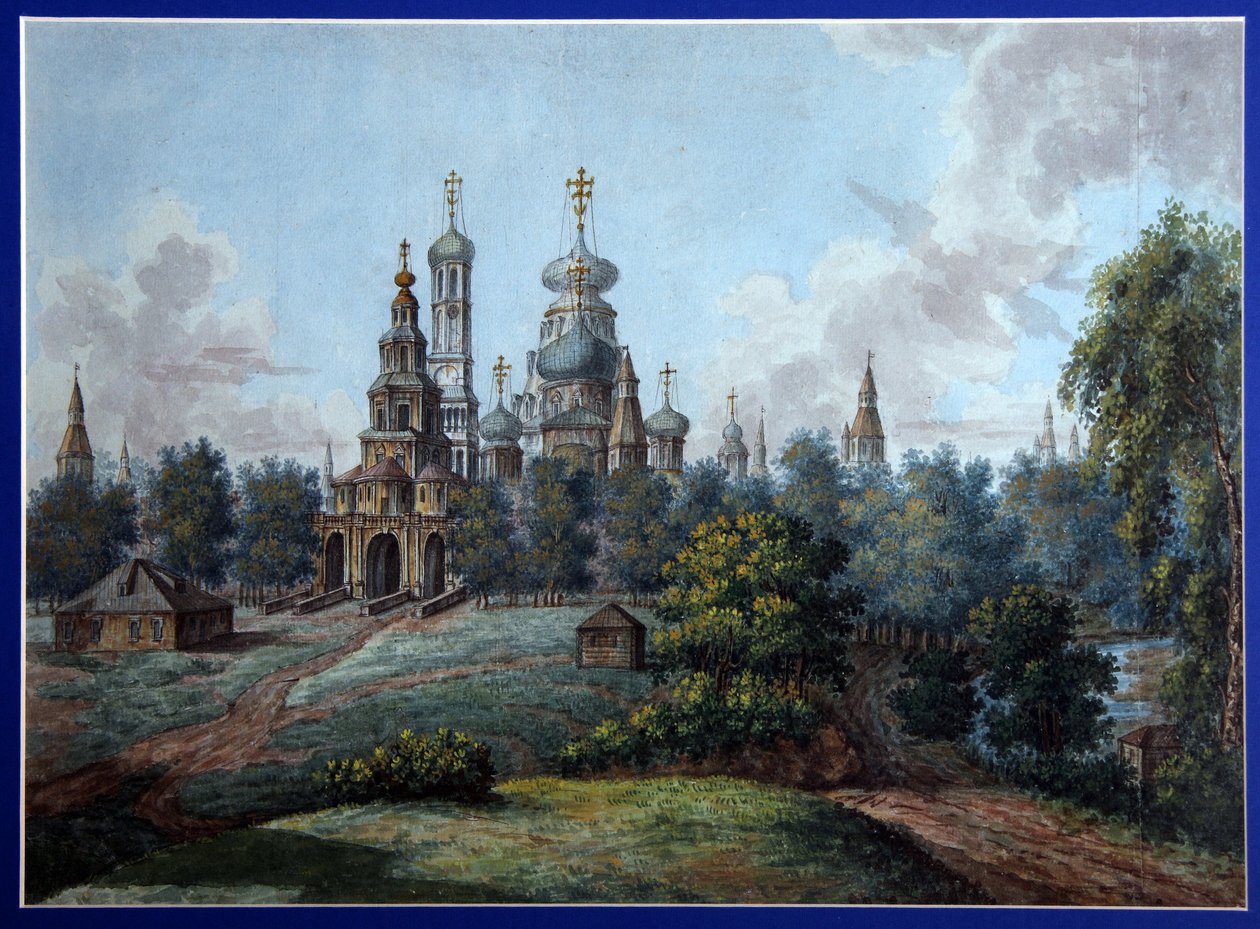 Klasztor Nowa Jerozolima. Rosyjskiej architektury prawosławnej, w Istra koło Moskwy. Praca Fiodora Jakowlewicza Aleksiejewa (1753-1824), akwarela i tusz na papierze, ok. 1800 r. Sztuka rosyjska, początek XIX w., klasycyzm. st autorstwa Fyodor Alexeyev