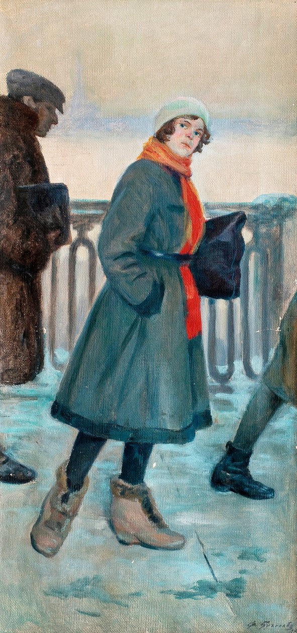 ""W drodze do pracy"" Kobieta idąca do pracy (Droga do pracy) Obraz Fiodora Buchholza (1857-1942) Olej na płótnie 1926 Wym. 71x34 cm Kolekcja prywatna autorstwa Fyodor Buchholz