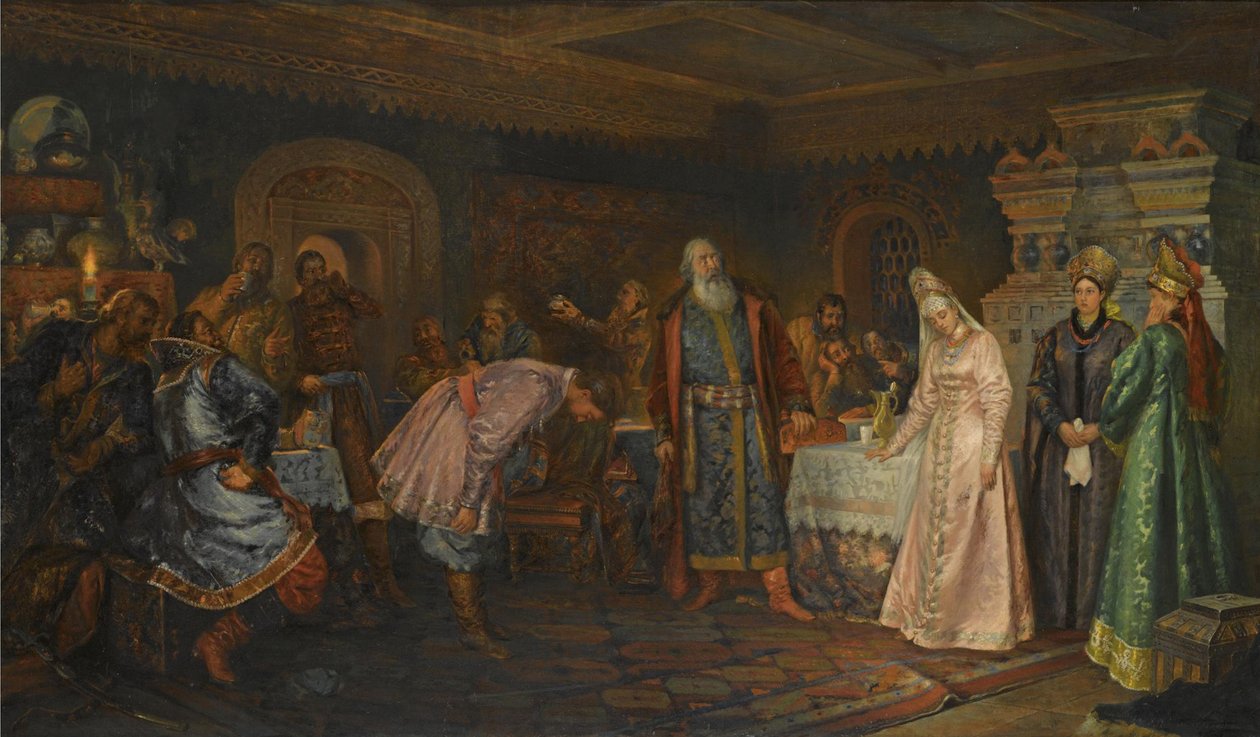 Ceremonia pocałunku. Boyar Morozov, jego żona Jelena i książę Serebrenni autorstwa Fyodor Fyodorovich Buchholz