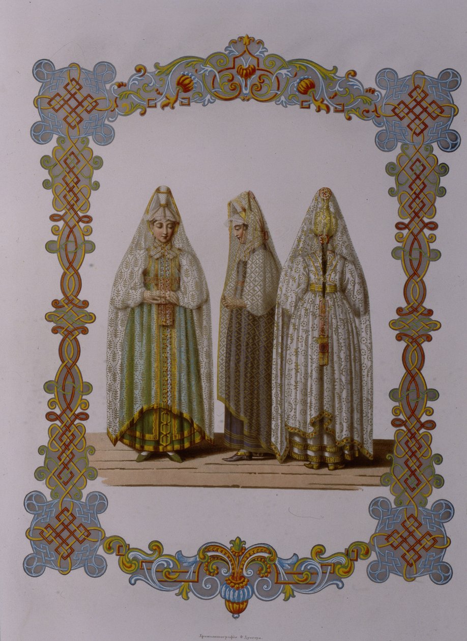 Stroje panien z Torzhok z serii Odzież państwa rosyjskiego, 1851 autorstwa Fyodor Grigoryevich Solntsev