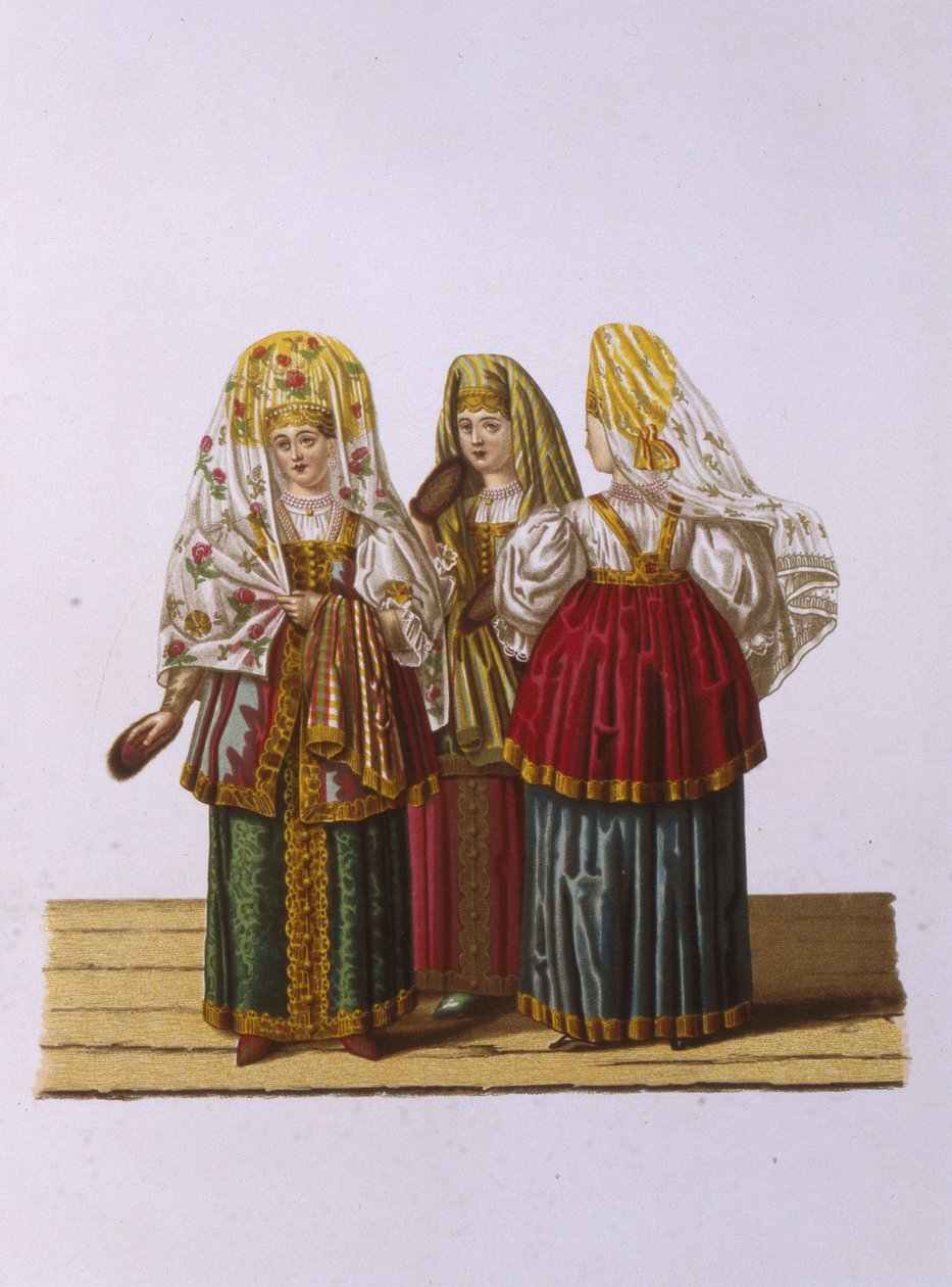 Kostiumy kobiet i panien z Tweru z serii Odzież państwa rosyjskiego, 1851 autorstwa Fyodor Grigoryevich Solntsev