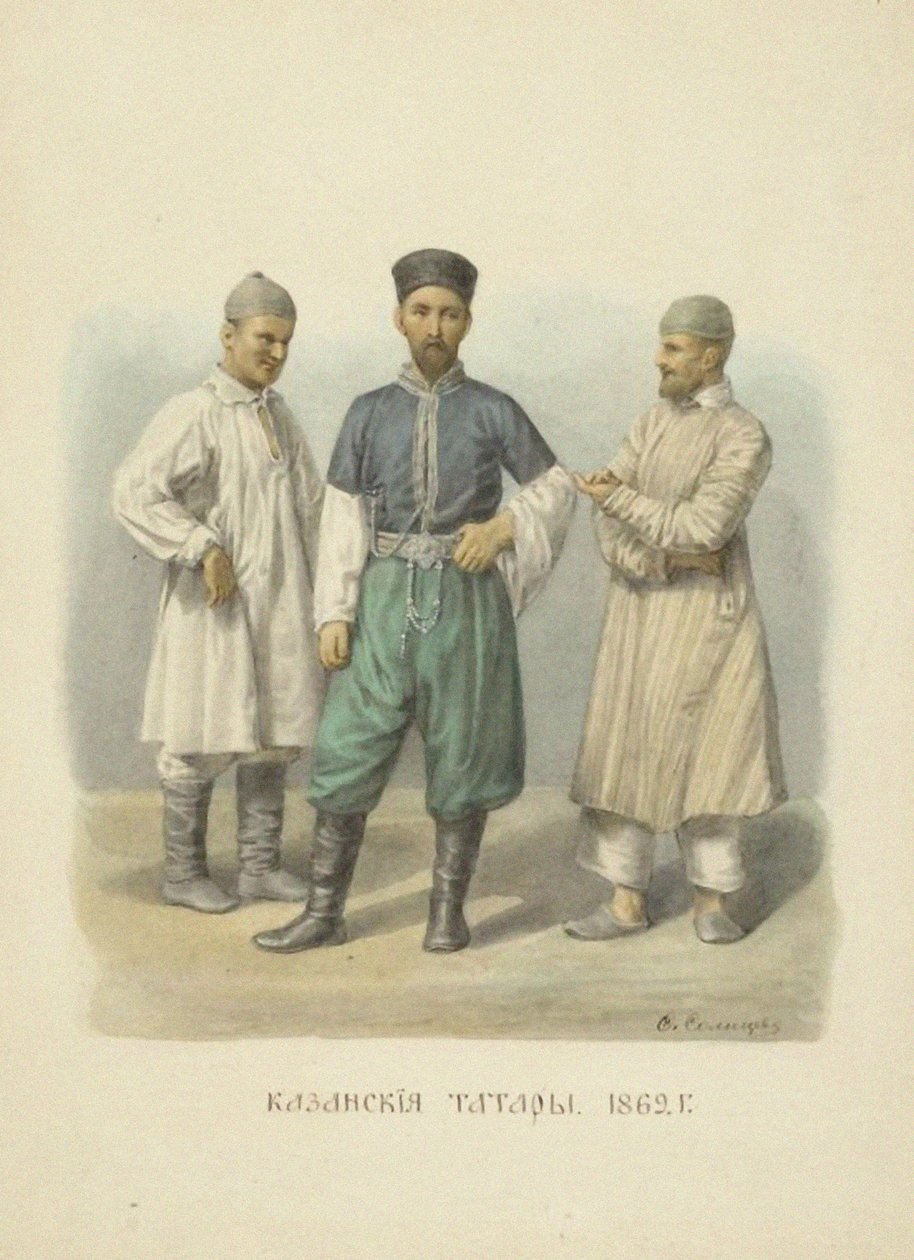 Tatarzy kazańscy, ilustracja z cyklu Odzież państwa rosyjskiego, 1869 autorstwa Fyodor Grigoryevich Solntsev