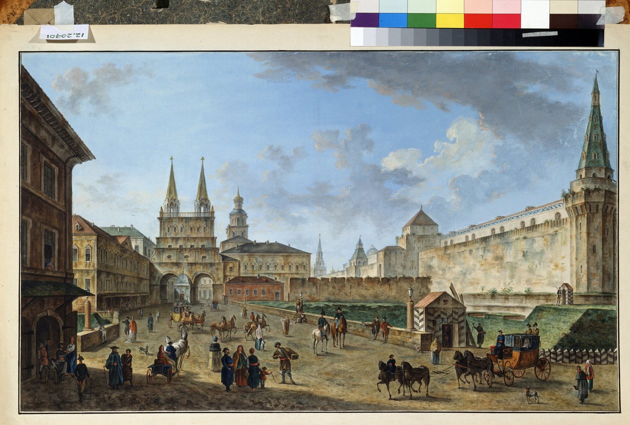 Moskwa, Widok na Bramę Zmartwychwstania na Placu Czerwonym. Obraz Fiodora Jakowlewicza Aleksiejewa (1753-1824). Akwarela i gwasz na papierze, 58,2 x 91,2 cm, ok. 1801 r. Sztuka rosyjska, klasycyzm. Muzeum autorstwa Fyodor Yakovlevich Alexeev