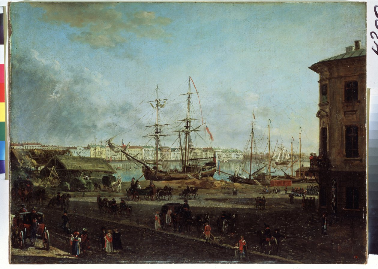 Widok na nabrzeże angielskie z wyspy Wasiliewskiego, Sankt Petersburg (Widok na nabrzeże angielskie od wyspy Wasiliewskiej). Obraz Fiodora Jakowlewicza Aleksiejewa (1753-1824). Olej na płótnie, 53 x 72,5 cm autorstwa Fyodor Yakovlevich Alexeev