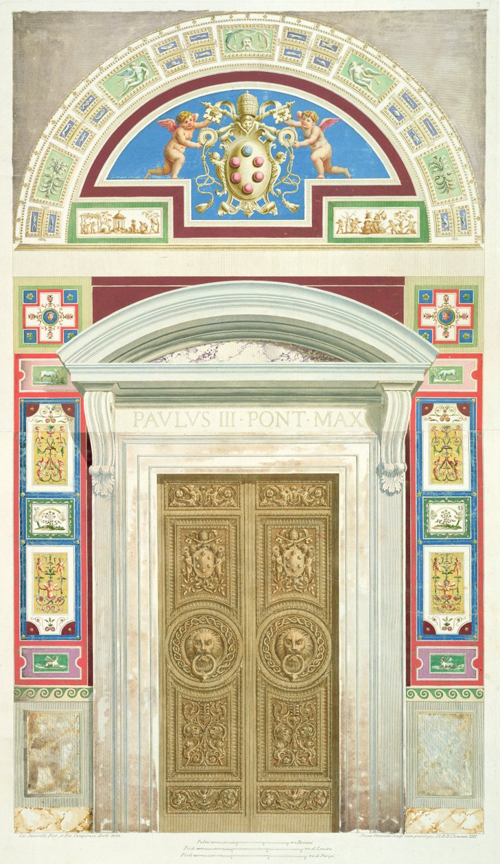 Drzwi do loggii Rafaela w Watykanie, z „Delle Loggie di Rafaele nel Vaticano”, grawerowane przez Giovanniego Ottavianiego (c.1735-1808), opublikowane ok.1772-77 (ręcznie kolorowane grawerowanie) autorstwa G. and Camporesi, P. Savorelli