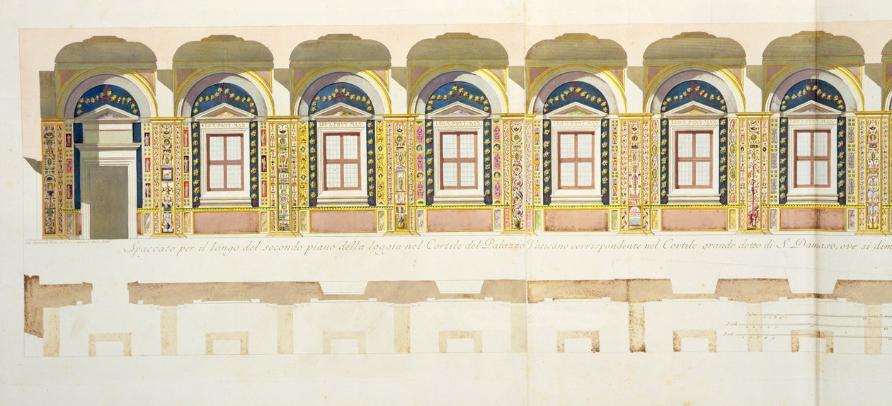 Przekrój pionowy drugiego piętra loggii Rafaela w Watykanie, z „Delle Loggie di Rafaele nel Vaticano”, opublikowany ok. 1772-77 (ręcznie barwiony grawerunek) autorstwa G. and Camporesi, P. Savorelli