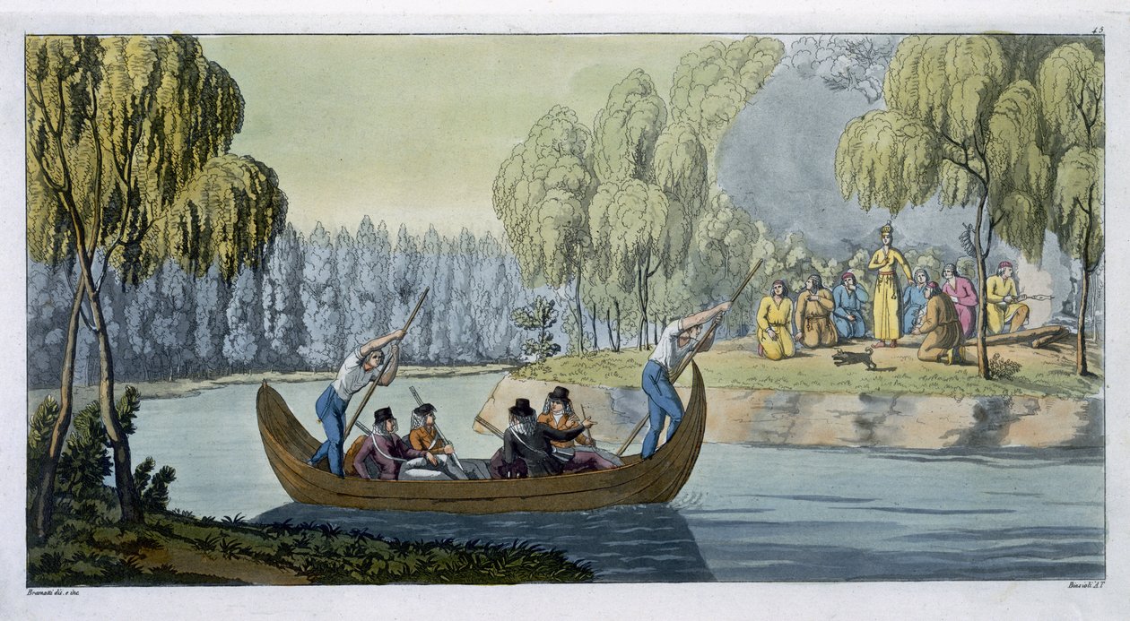 Oszustwo kapitana Wallisa przez królową Oberea, płyta 45 z „Le Costume Ancien et Moderne”, autorstwa Julesa Ferrario, wydana ok. 1820-30 autorstwa G. Bramati