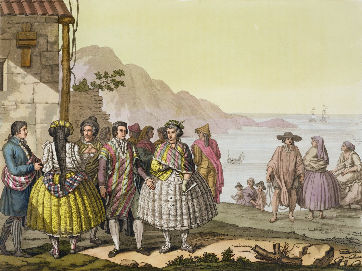 Mężczyźni i kobiety w wyszukanych strojach, Chile, z „Le Costume Ancien et Moderne”, tom II, płyta 27, autorstwa Julesa Ferrario, grawerowane przez Paolo Fumagallego, wydane ok. 1820-30. autorstwa G. Bramati