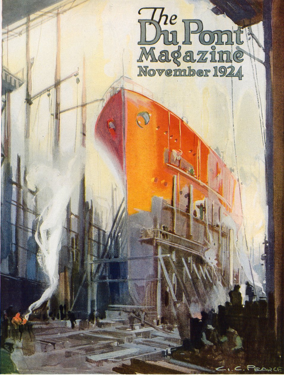 Budowa statku, okładka "DuPont Magazine", listopad 1924 r. autorstwa G. C. Pearce
