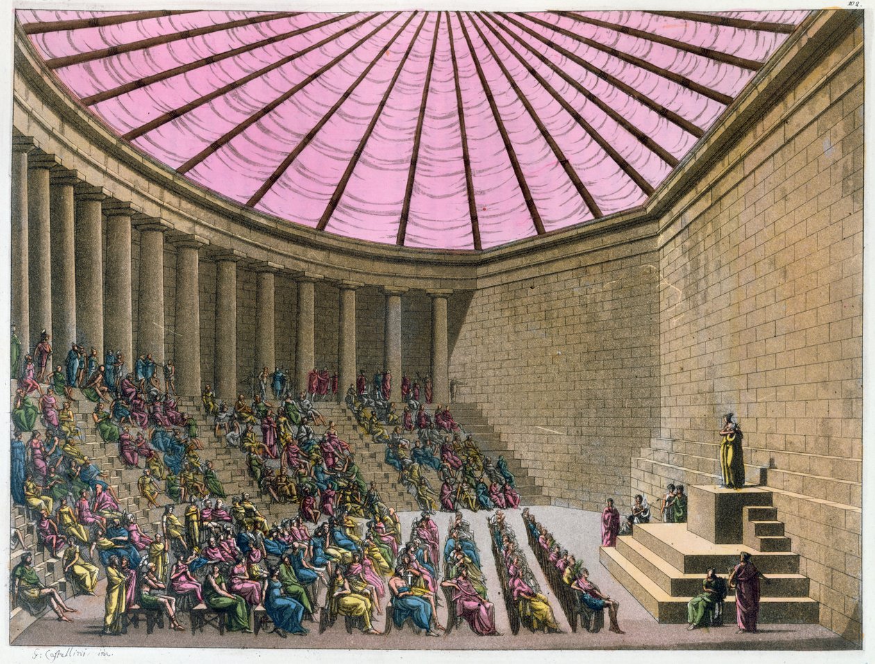 Odeon w czasach Peryklesa, ilustracja z „Il Costume Antico e Moderno” Giulio Ferrario, Mediolan, 1815-1834 (rycina ręcznie kolorowana) autorstwa G. Castellini