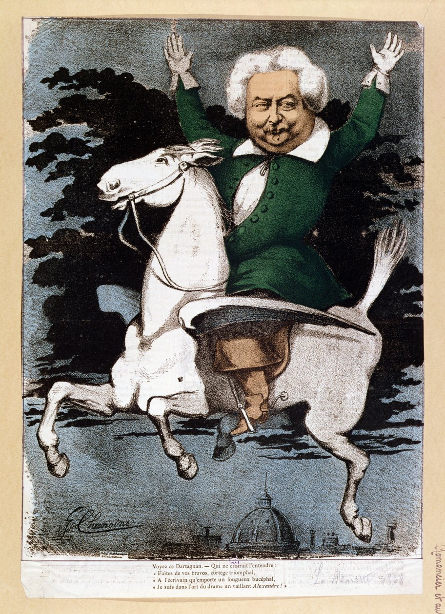 Karykatura Aleksandra Dumasa pere (1803-70) jako muszkietera, ilustracja z La Marotte, 1868 autorstwa G. Chanoine