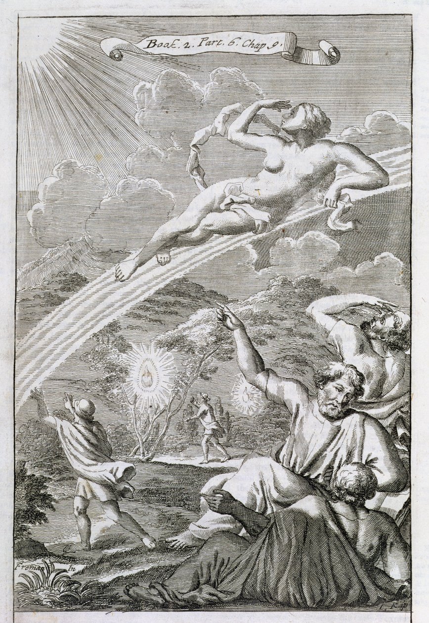 Iris na swojej tęczy, ilustracja z Księgi 2 Część 6 Rozdział 9 "Zasad filozofii" Anthony Le Grand, rycina Johannes Kip, 1694 autorstwa G Freman