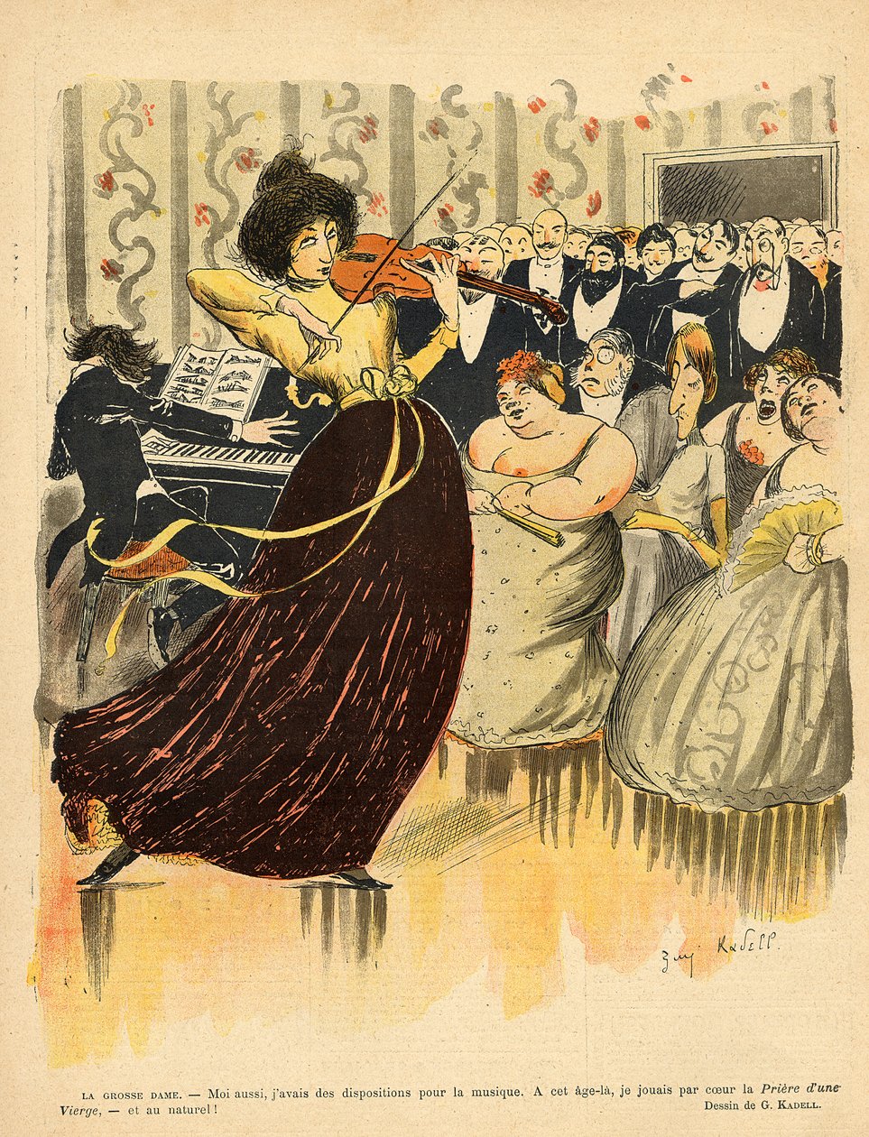 Satyra na salonowy wieczór muzyczny z tylnej okładki „Le Rire”, 17 grudnia 1898 r. autorstwa G. Kadell