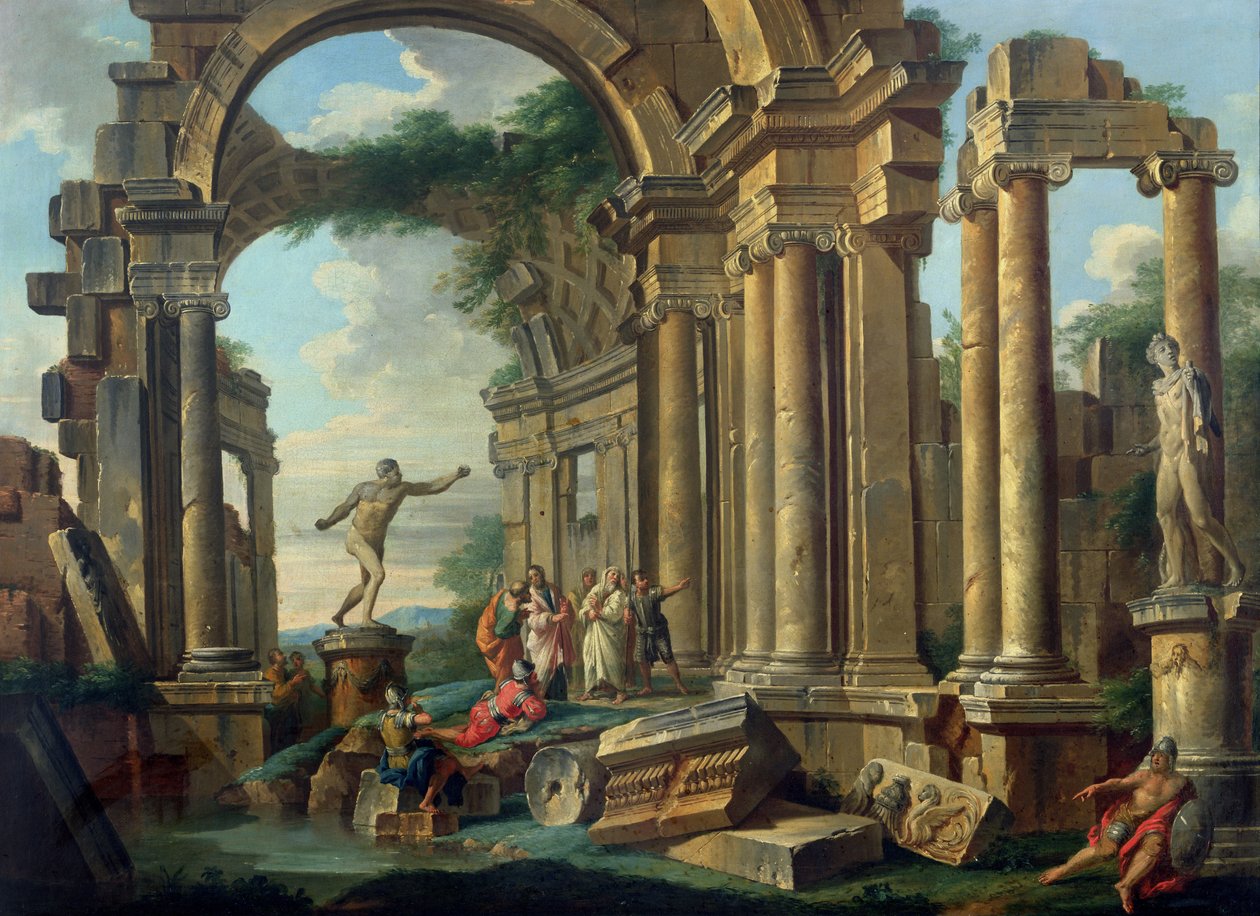 Kaprys architektoniczny z posągami wojowników Agazjusza i Belweder Apolla autorstwa Giovanni Paolo Pannini