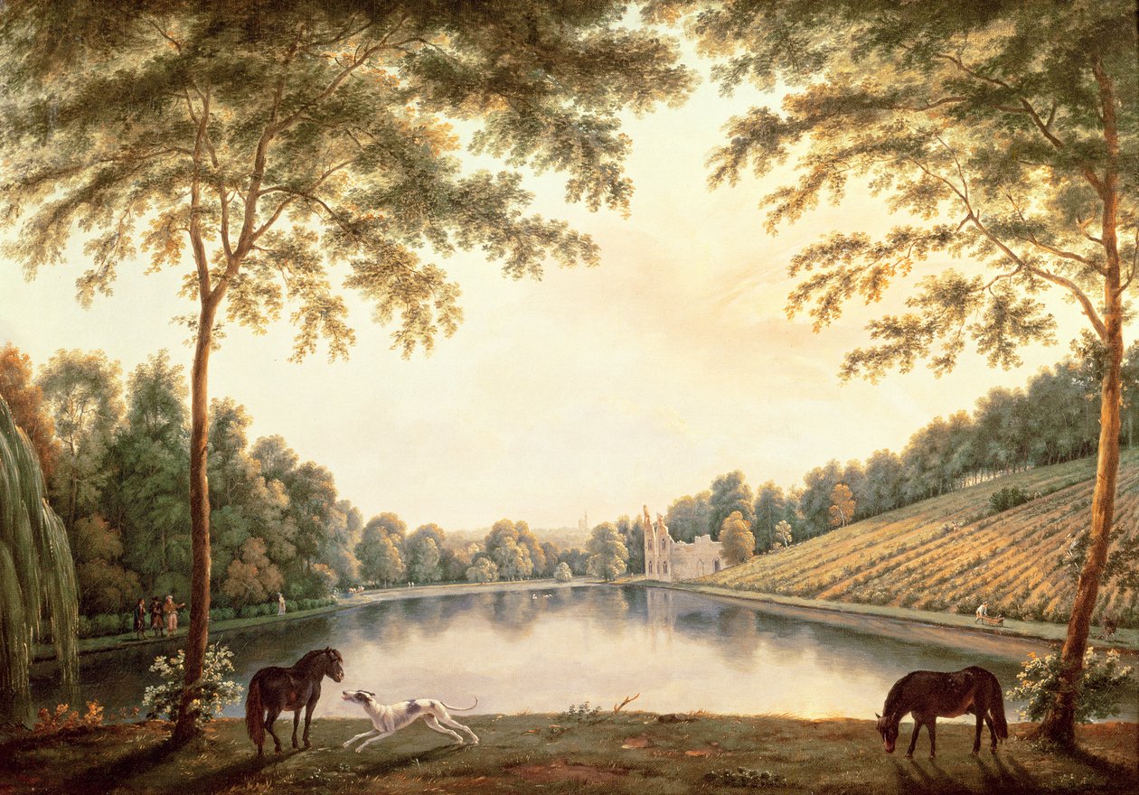Widok na jezioro i ruiny opactwa w Painshill, Surrey autorstwa G. and Gilpin, S. Barrett