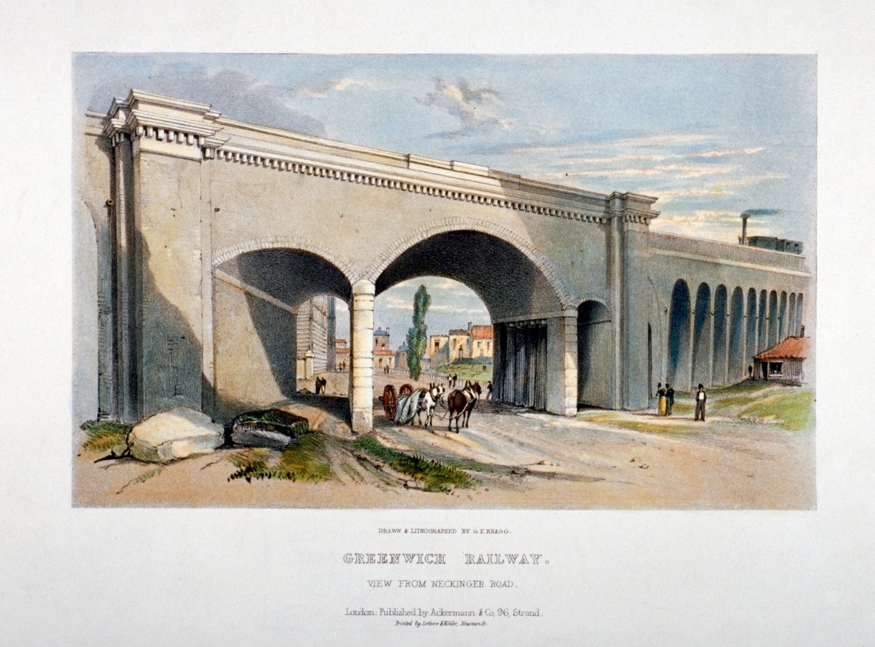 Most kolejowy Londyn i Greenwich nad Neckinger Road, Bermondsey, Londyn, 1836. autorstwa GF Bragg