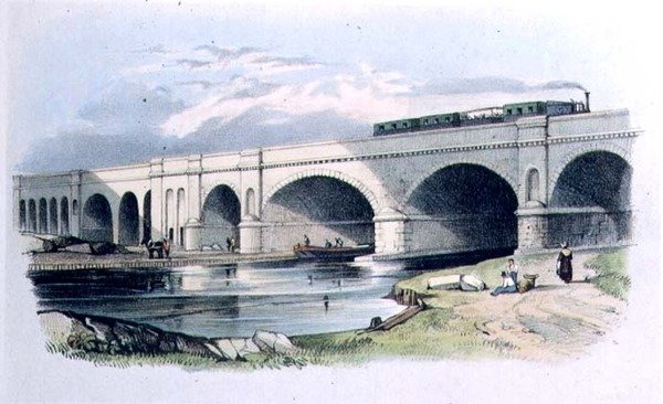 Widok linii kolejowej Greenwich Railway przechodzącej nad kanałem Surrey w pobliżu Trundley