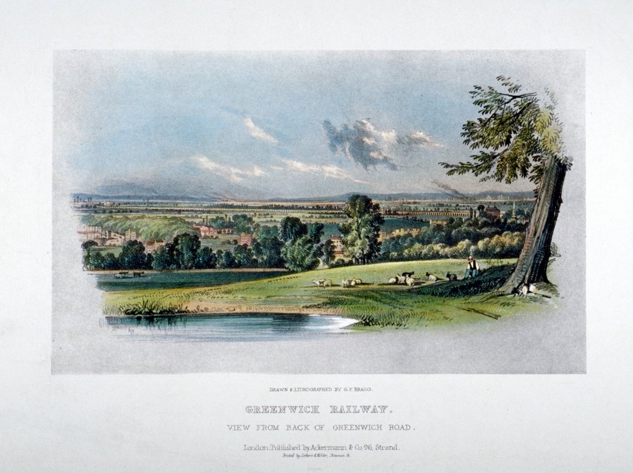 Widok na London and Greenwich Railway z tyłu Greenwich Road, 1836 autorstwa GF Bragg