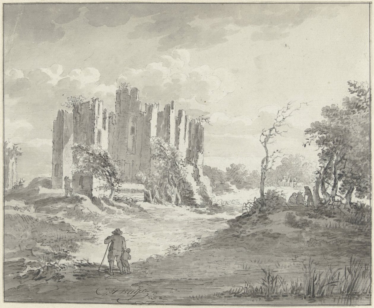 Krajobraz z ruinami i kilkoma rolnikami autorstwa G.F. Buijs (possibly)
