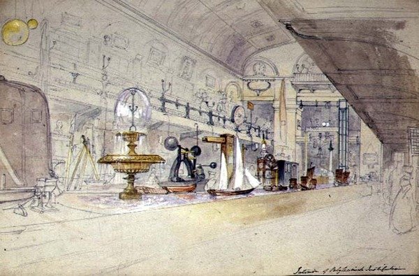 Wnętrze Politechniki Regent Street, ok.1847 (akwarela na papierze) autorstwa G.F. Sargent
