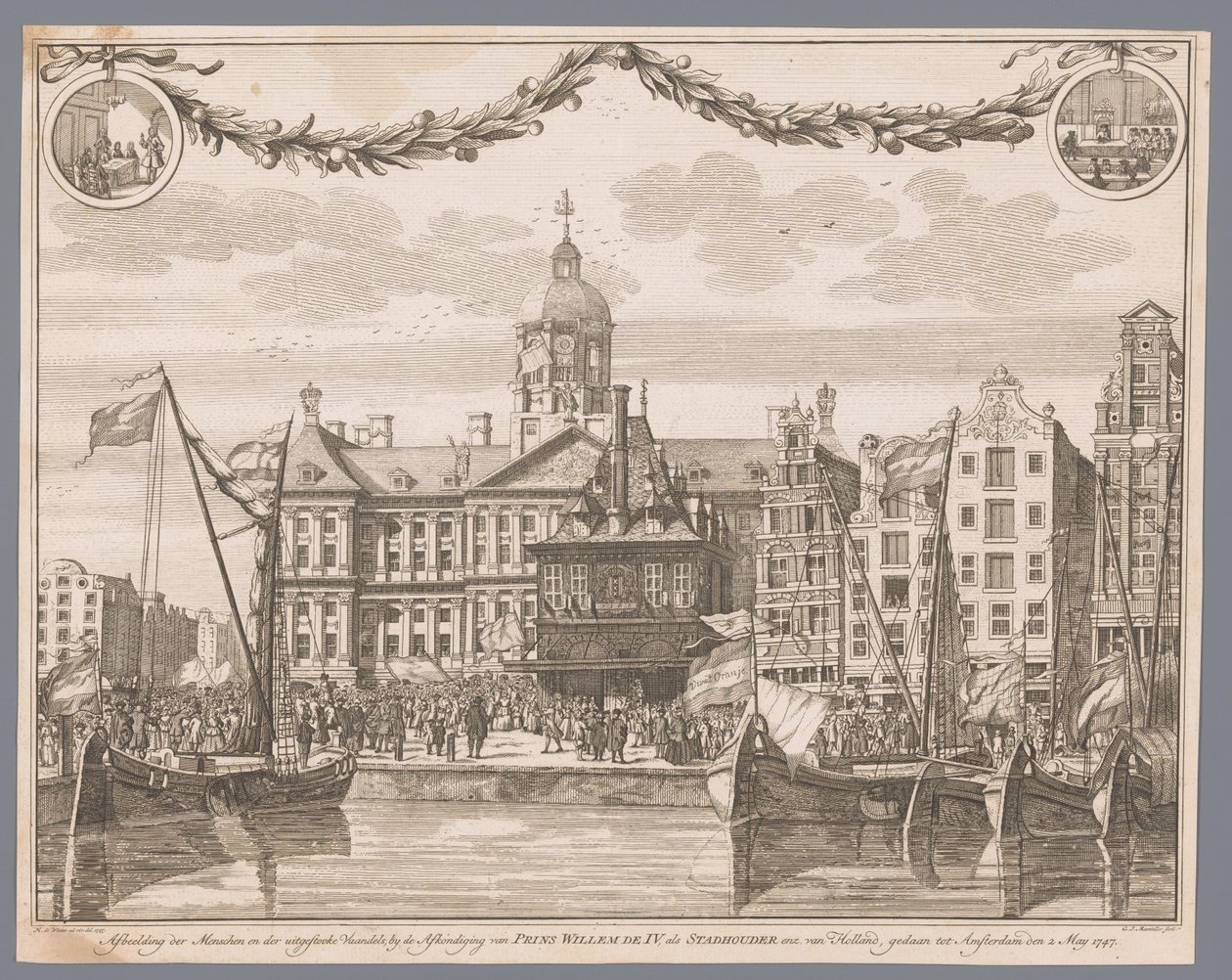 Tłum na placu Dam w Amsterdamie świętuje proklamację Willema IV jako stadtholder Wizerunek ludu i chorągwi wystrzelonych po proklamacji księcia Wilhelma IV namiestnikiem Holandii, dokonanej do Amsterdamu 2 maja 1747 r. (tytuł na autorstwa G.J. Marstaller