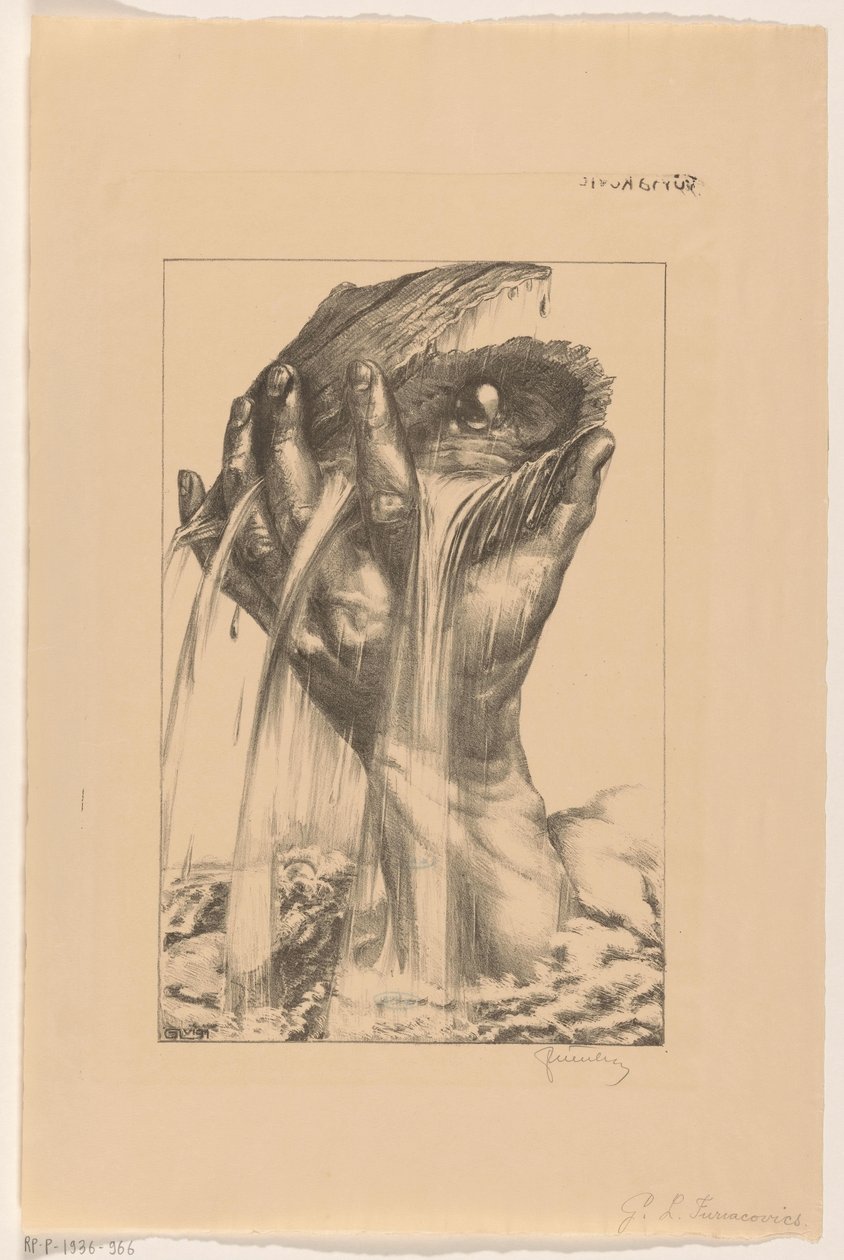 Ręka podnosząca z morza ostrygę z perłą autorstwa G.L. Furiacovics (signed by artist)