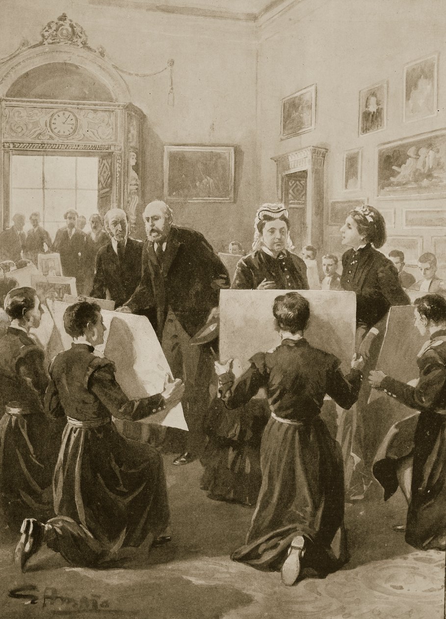 Bluecoat Boys pokazujący swoje rysunki królowej Wiktorii w Pałacu Buckingham, 3 kwietnia 1873, z „The Illustrated London News”, 1901 autorstwa G.S. Amato