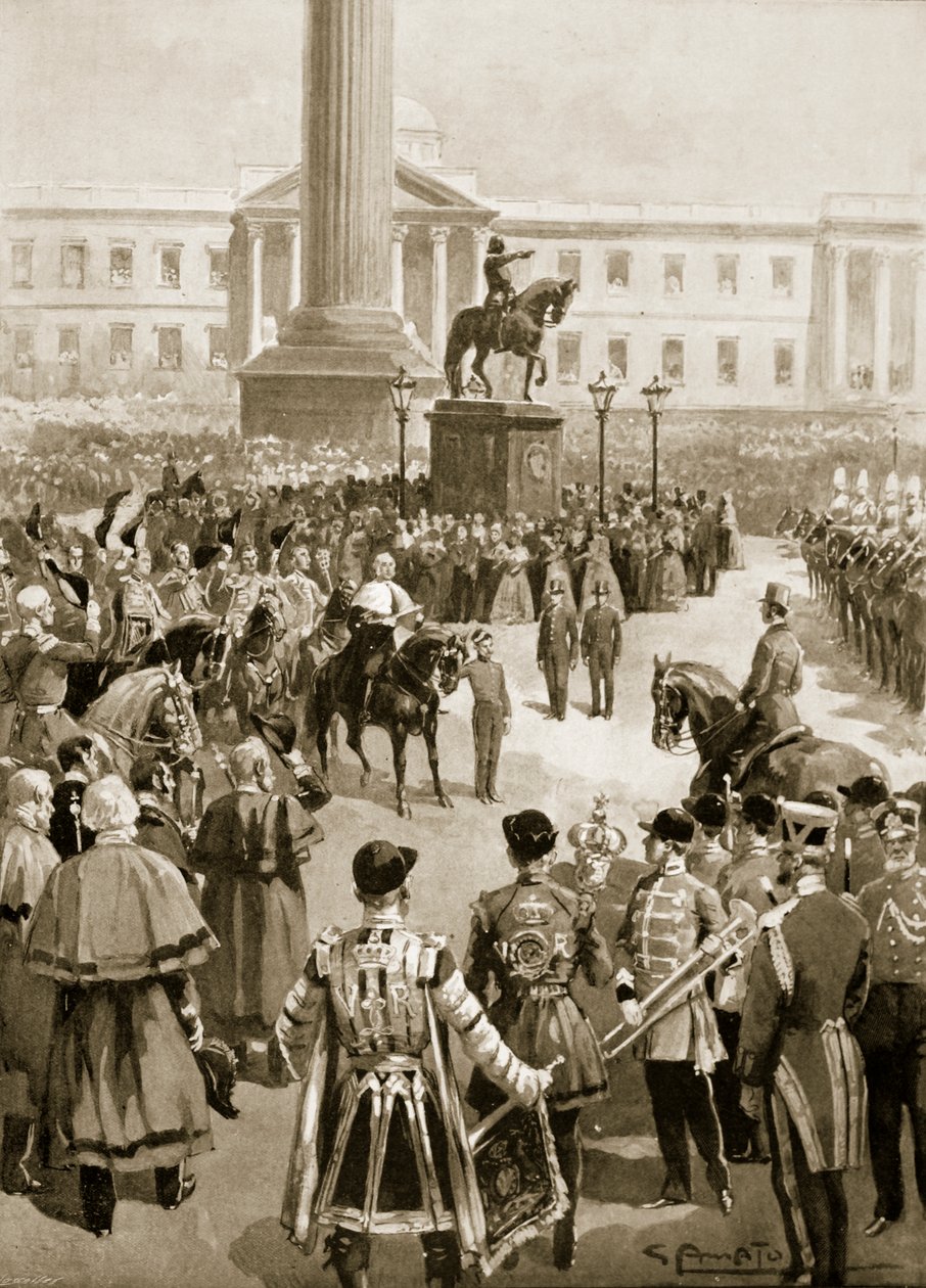 Koniec Wojny Krymskiej: Proklamacja Pokoju na Charing Cross, kwiecień 1856, z "The Illustrated London News", 1901 autorstwa G.S. Amato