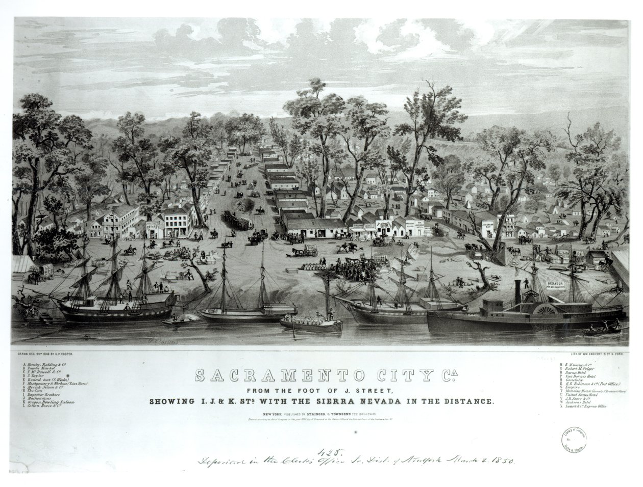 Sacramento City, Kalifornia, z Foot of J. Street, pokazując ulice IJ i K. z Sierra Nevada w oddali, grawerowane przez Williama Endicott und Co., 1849 autorstwa G.V. Cooper