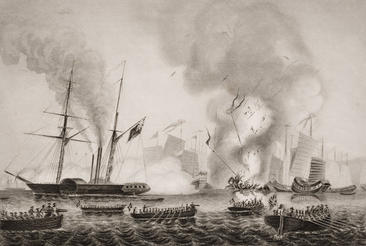 Hon. Parowiec Nemesis Kompanii Wschodnioindyjskiej oraz łodzie The Sulphur, Calliope, Larne i Starling niszczą chińskie dżonki wojenne w Zatoce Ansons. 7 stycznia 1841, ilustracja z 