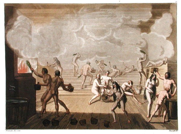 Sauna komunalna, płyta 21 z „Le Costume Ancien et Moderne”, autorstwa Jules Ferrario, rycina Angelo Biasioli (1790-1830) wydana ok. 1820-30 (kolor lito) autorstwa G. (after) Bramati
