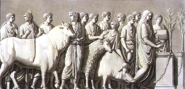 Płaskorzeźba byka, barana i dzika prowadzonego do ołtarza wotywnego, z "Le Costume Ancien et Moderne" Julesa Ferrario, grawerowane przez Fumagalli, opublikowane ok. lat 20-30 XIX w. (litografia kolorowa) autorstwa G. (after) Bramati