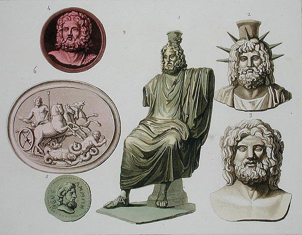 Przedstawienia Zeusa, Jowisza lub Jowisza, płyta 51 z „Le Costume Ancien et Moderne” Julesa Ferrario, ryt. D.K. Bonnatti, opublikowane ok. 1820-30 (kolor lito) autorstwa G. (after) Bramati