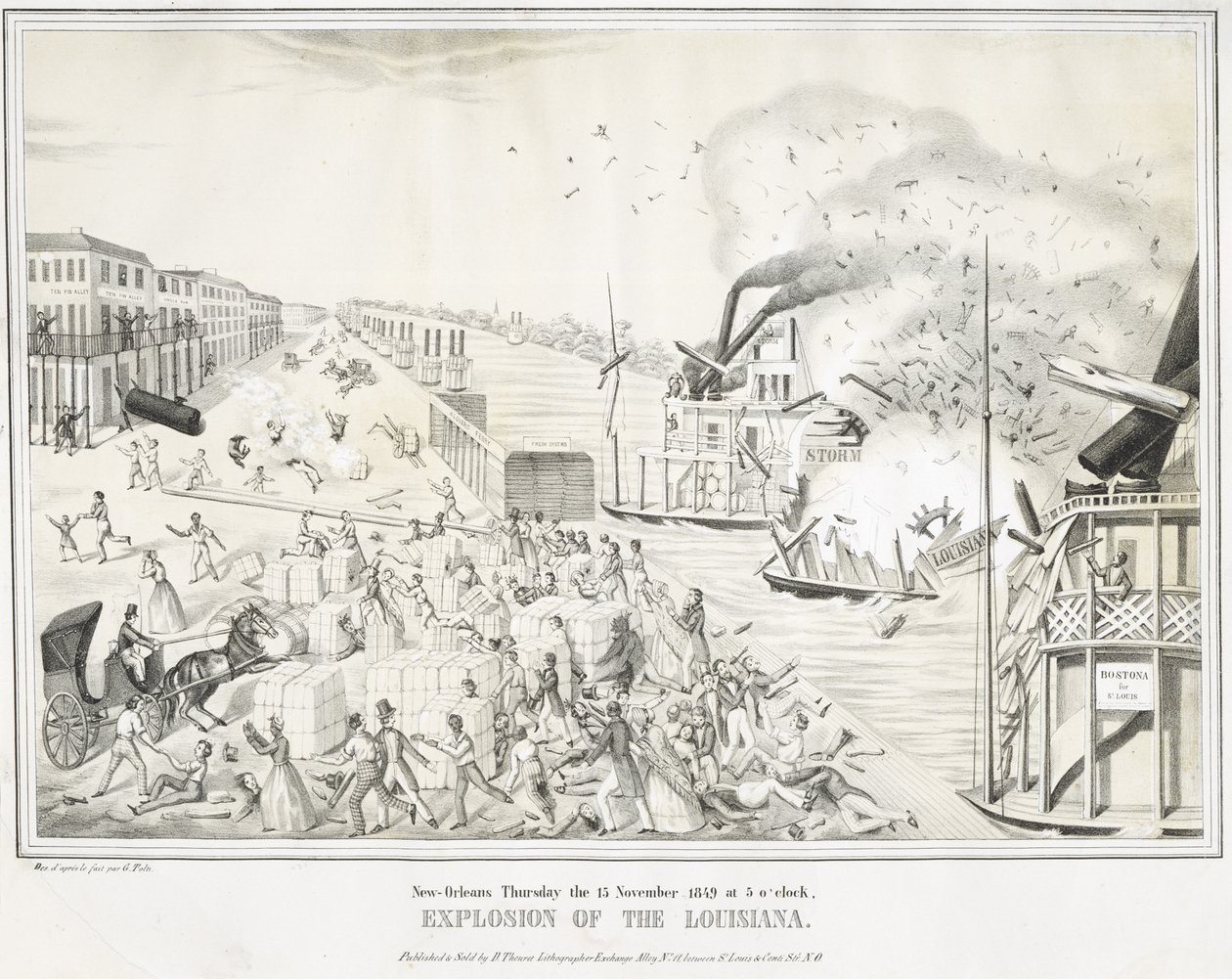 Nowy Orlean Czwartek 15 listopada 1849, godzina 5, Eksplozja Luizjany, ok. godz. 1849 (chromolitografia) autorstwa G. (after) Tolti