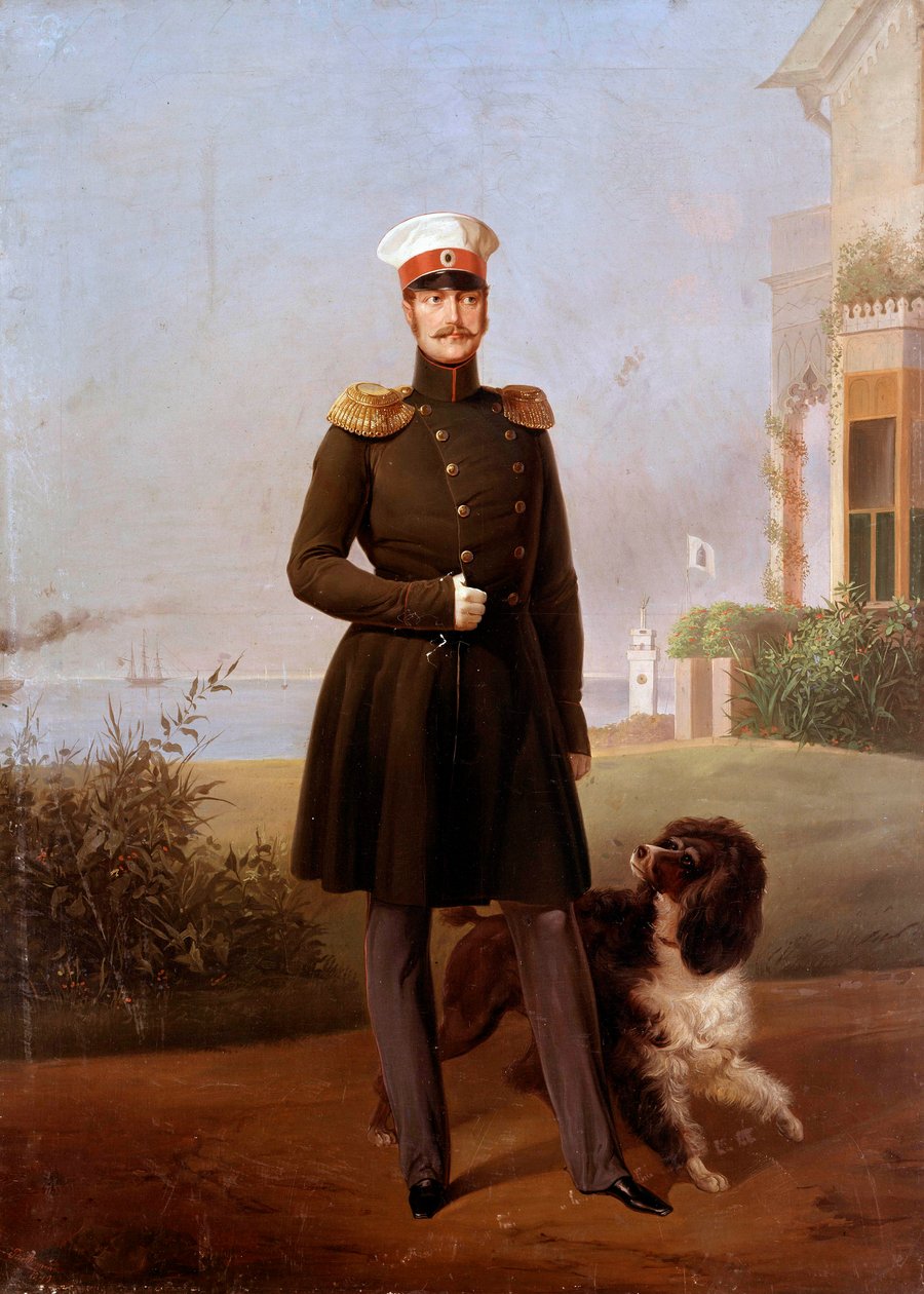 Portret u stóp cara Rosji Mikołaja I (1796-1855) w Peterhof Obraz Georga Botmanna (XIX w.). 19 wiek. Petersburg. Zamek Peterhof autorstwa G. Botmann