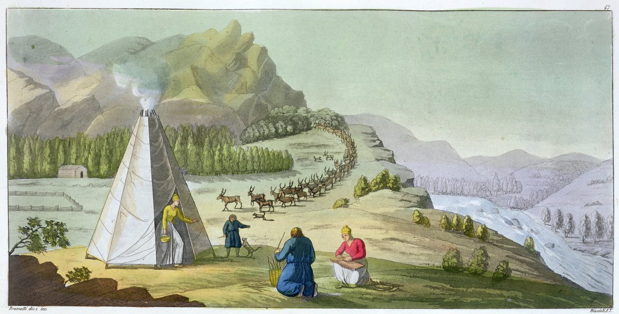 Zaganianie reniferów, Laponia, płyta 47 z „Le Costume Ancien et Moderne” Julesa Ferrario, rytowana przez Angelo Biasioli (1790-1830) wydana ok. 1820-30 autorstwa G. Bramati